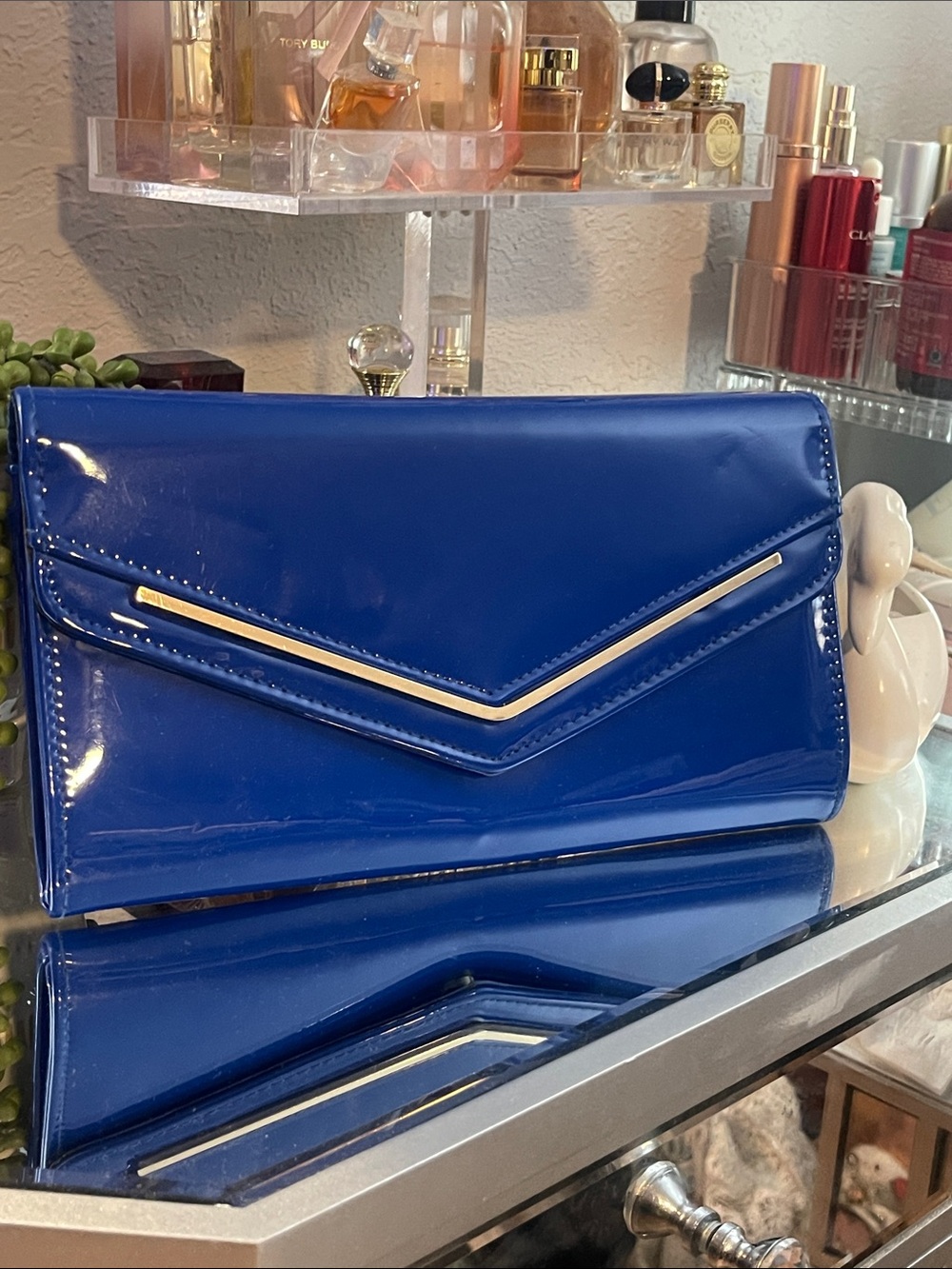 Aldo Patent Envelope Clutch in Royal Blue with Gold Accent and chain